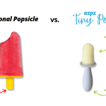 An image of a traditional popsicle versus the ezpz Tiny Pops